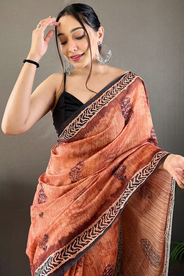 Deep Peach Printed Tussar Silk Saree