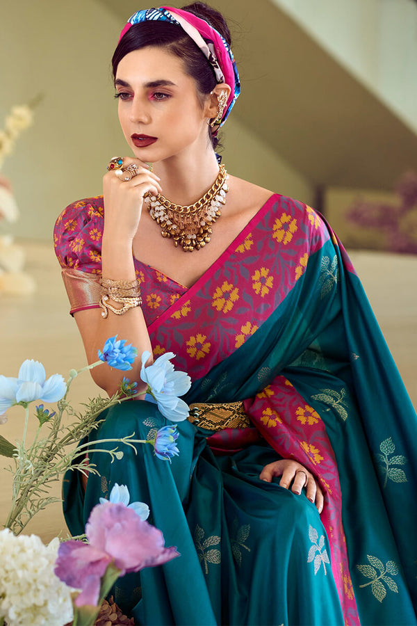 Deep Sea Blue Soft Silk Saree with Ikkat Border