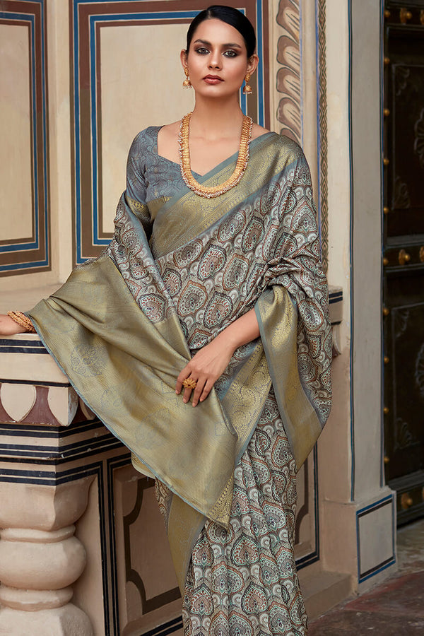 Dove Grey Printed Soft Silk Saree