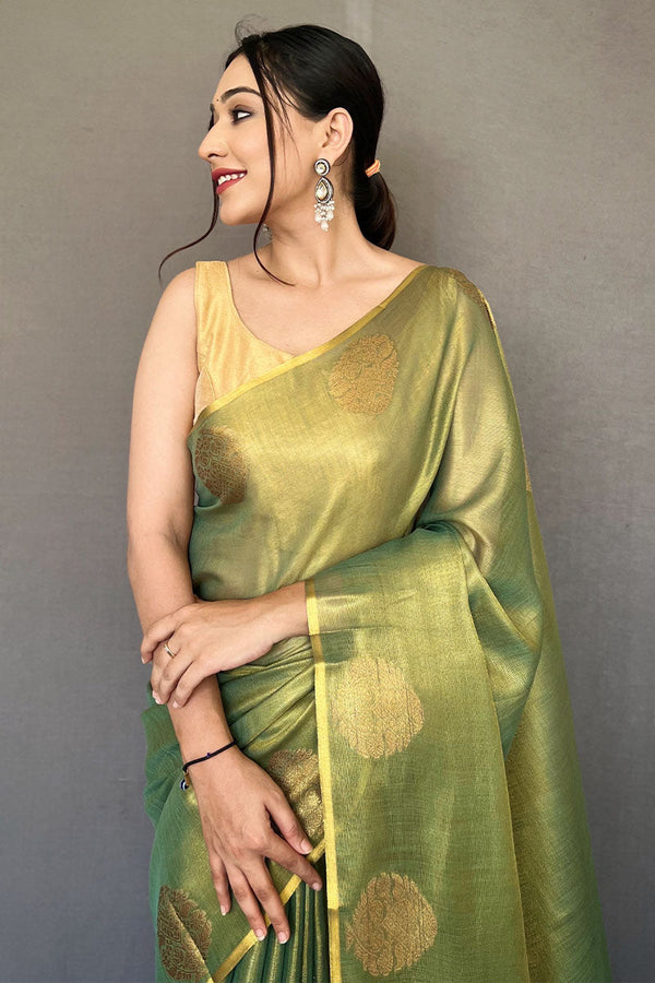 Drab Green Zari Woven Tissue silk Saree