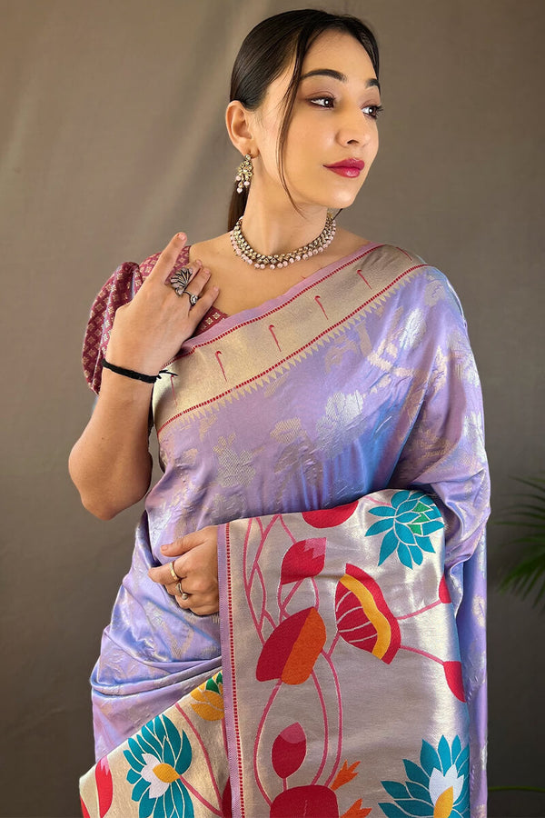 Dull Lavender Zari Woven Paithani Silk Saree