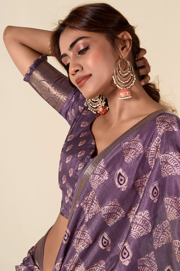 Dull Purple Foil Printed Dola Silk Saree