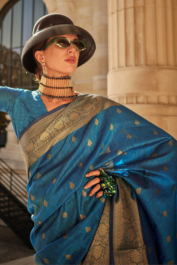 Dusk Blue Zari Woven Banarasi Silk Saree