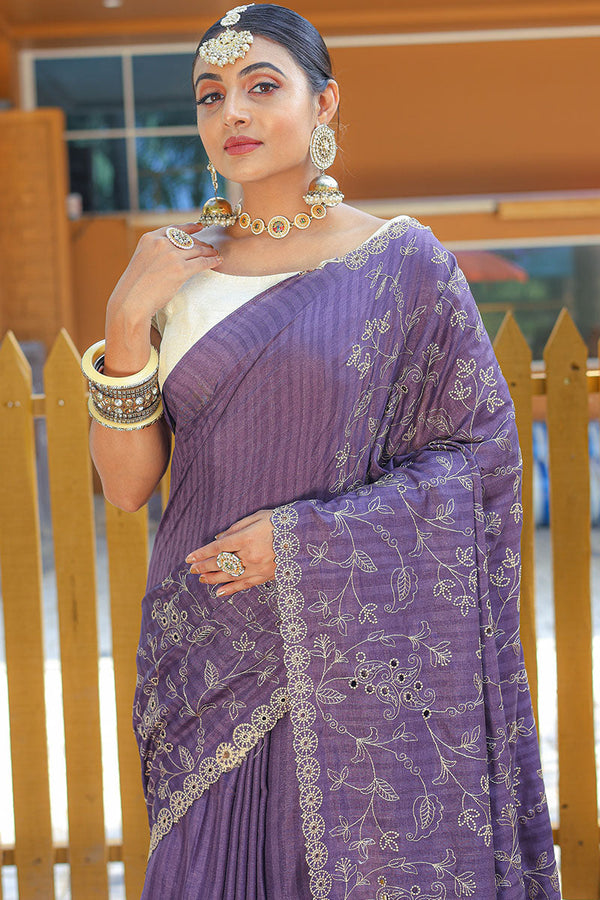 Dusky Purple Embroidered Work Soft Silk Saree