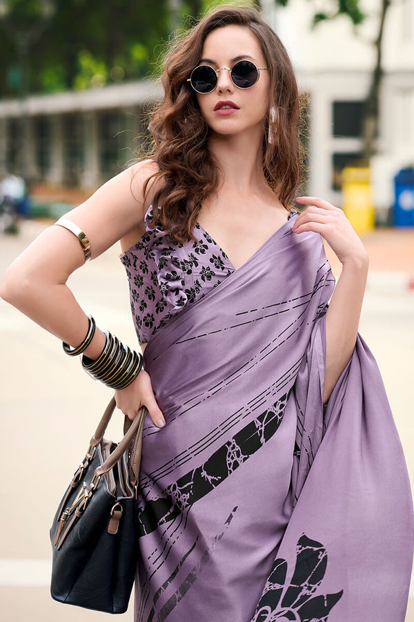 Dusty Lavender Printed Satin Crape Silk Saree