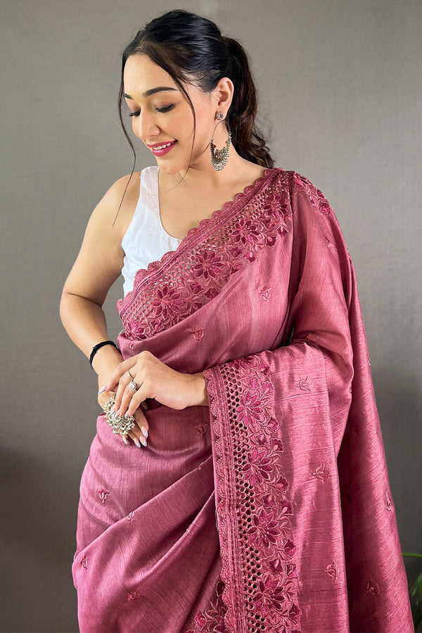 Dusty Pink Embroidered Work Soft Silk Saree