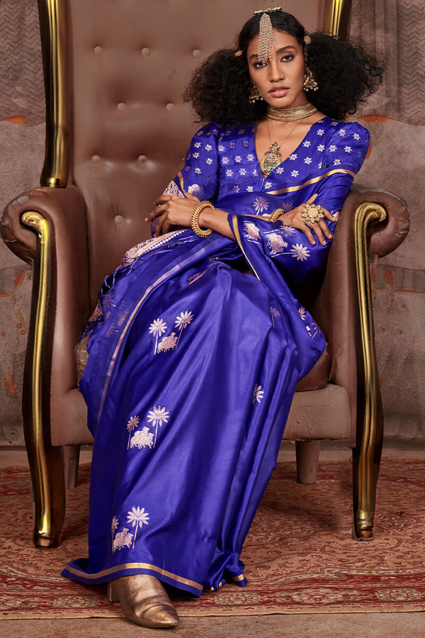 Egyptian Blue Zari Woven Banarasi Satin Silk Saree