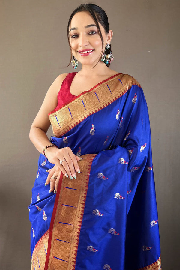 Egyptian Blue Zari Woven Paithani Silk Saree