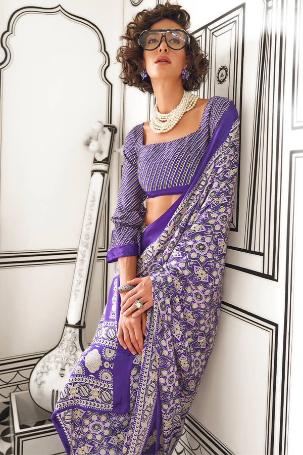 Eminence Purple Ajrakh Printed Satin Silk Saree