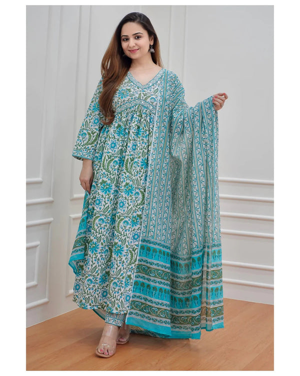 Ethnic Set Women Block Printed Kurta and Pant Set with Dupatta