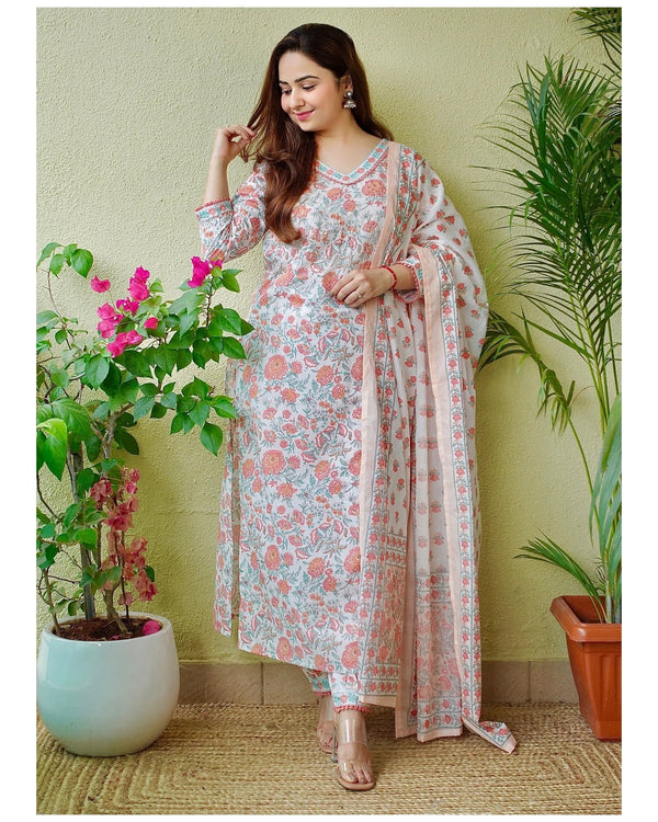 Ethnic Set Women Floral Printed Kurta and Pant with Dupatta