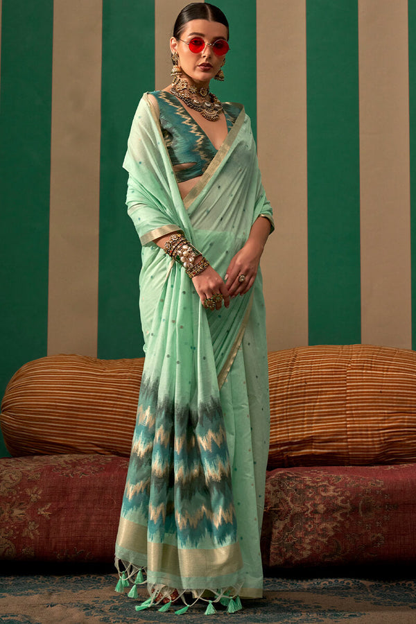 Faded Green Woven Cotton Silk Saree