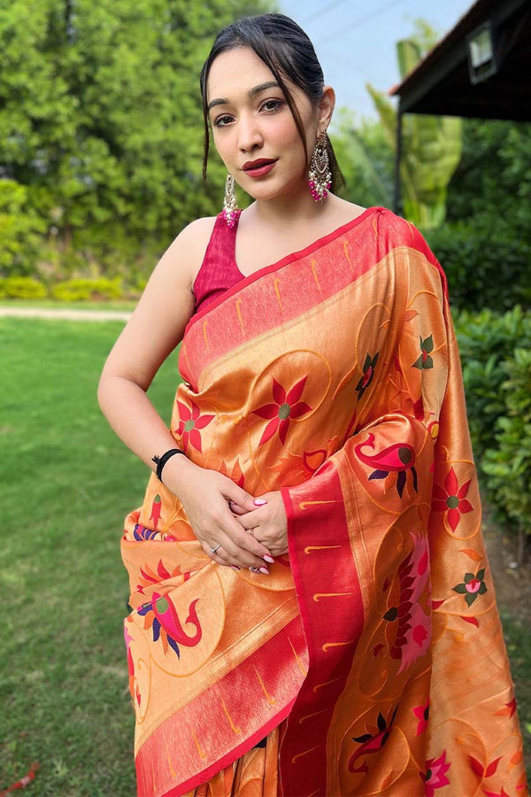 Faded Orange Zari Woven Paithani Silk Saree