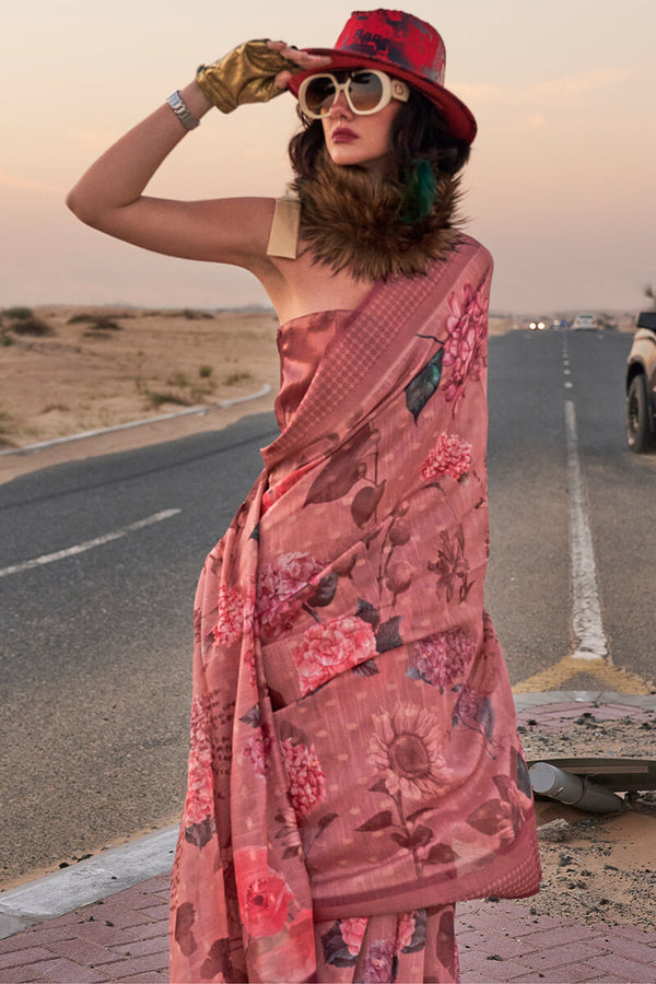 Faded Pink Printed Linen silk saree