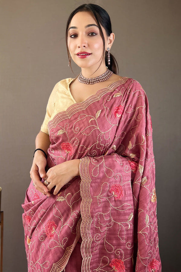 Faded Wine Embroidered Work Tussar Silk Saree