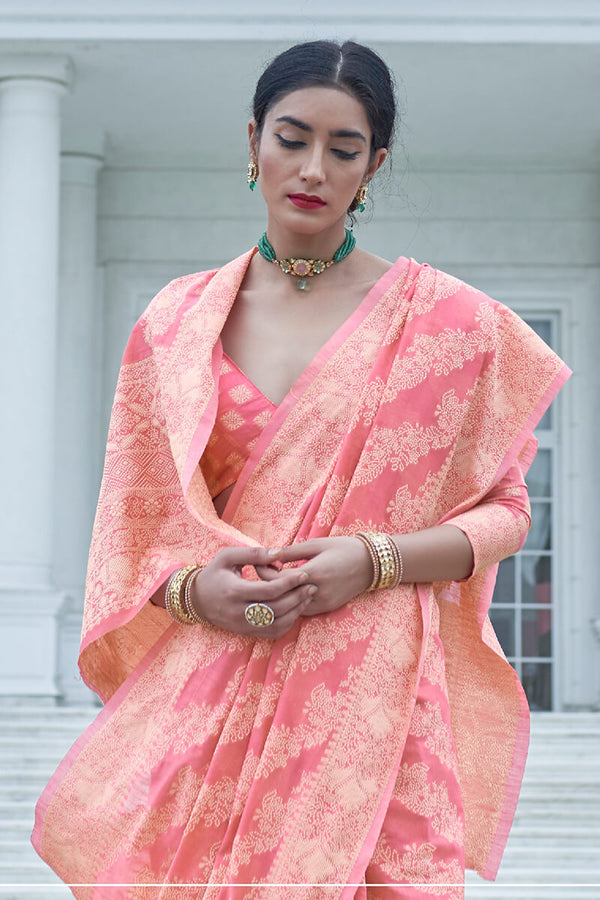 Flamingo Pink Lucknowi Chickankari Silk Saree