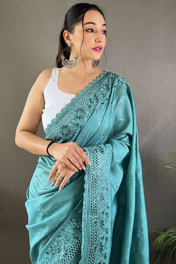 Fountain Blue Embroidered Work Soft Silk Saree