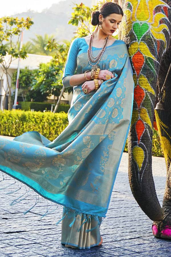 Fountain Blue Zari Woven Kanjivaram Silk Saree