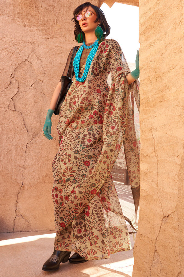 French Beige Printed Tissue Silk Saree