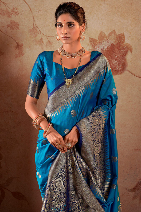 French Blue Zari Woven Soft Banarasi Silk Saree