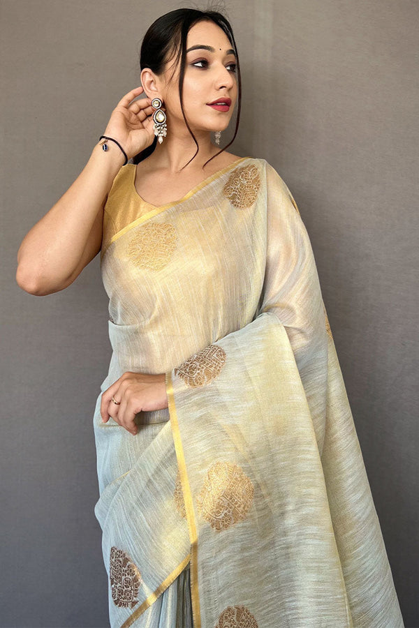 French Grey Zari Woven Tissue silk Saree