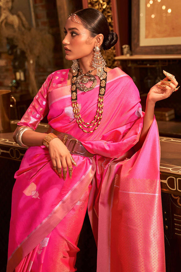 French Pink Copper zari Woven Banarasi Silk Saree