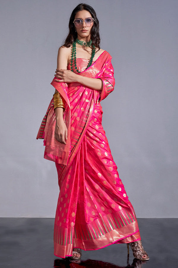 French Rose Pink Zari Woven Banarasi Silk Saree