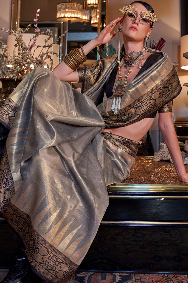 Friar Grey Banarasi Tissue Silk Saree