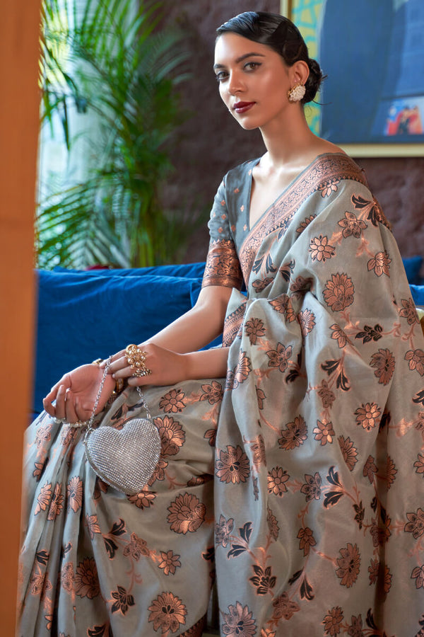 Friar Grey Shimmer Organza Silk Saree