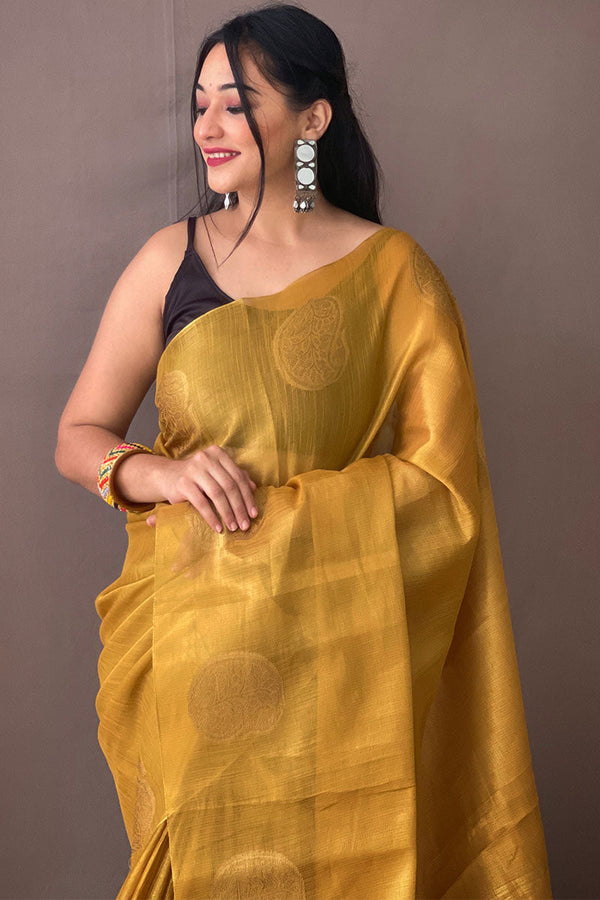 Fuel Yellow Woven Tissue silk Saree