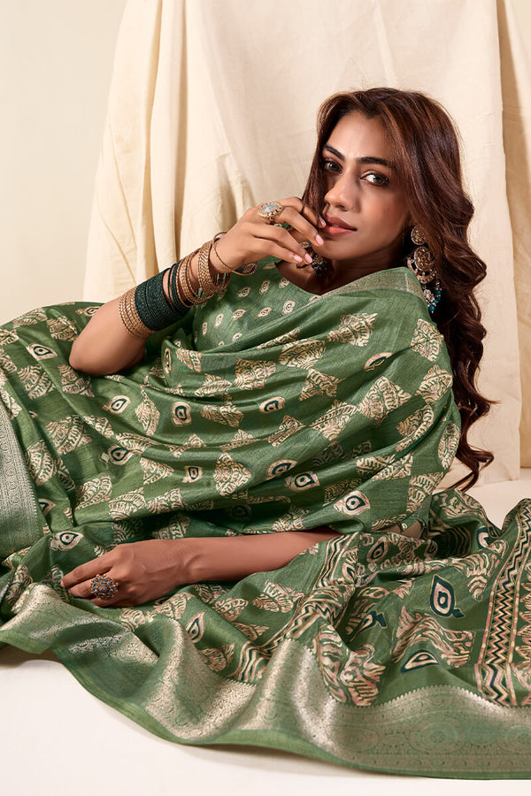 Glade Green Foil Printed Dola Silk Saree