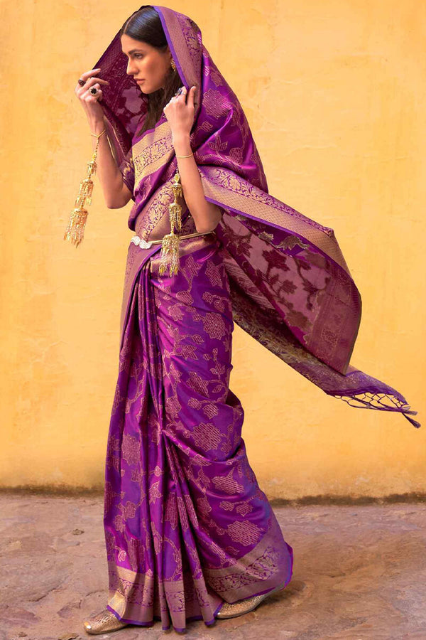 Grape Purple Banarasi Silk Saree With Sequence Work