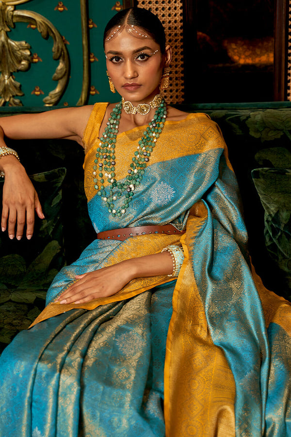 Greenish Blue And Yellow Kanjivaram Silk Saree