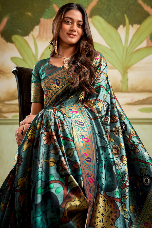 Greenish Blue Zari Woven Paithani Silk Saree