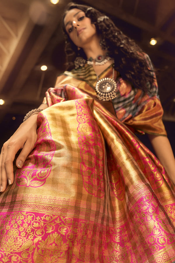 Grey and Pink Banarasi Organza Silk Saree