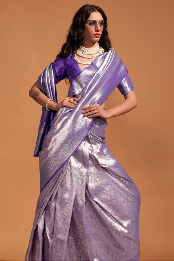 Grey and Purple Zari Woven Kanjivaram Silk Saree