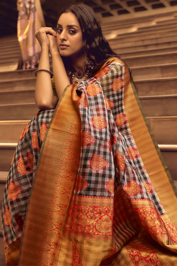 Grey and Red Banarasi Organza Silk Saree