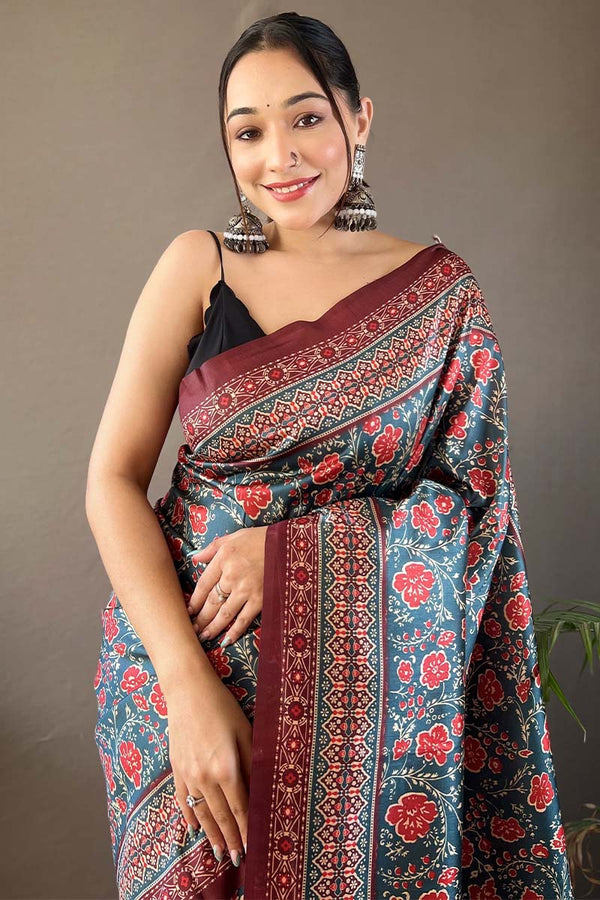 Greyish Blue Printed Soft Silk Saree