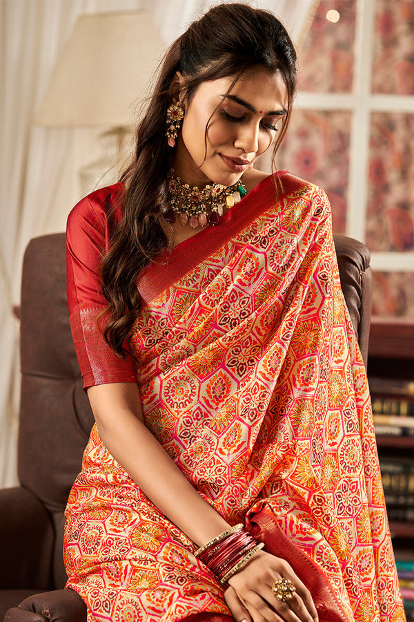 Halloween Orange Printed Satin Silk Saree