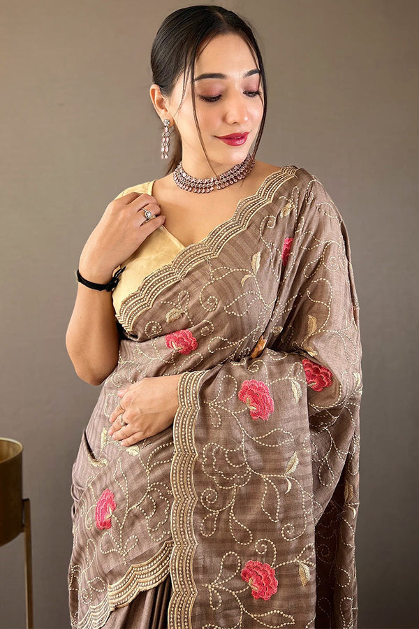 Heathered Grey Embroidered Work Tussar Silk Saree