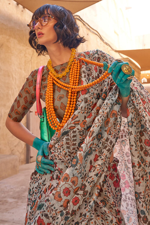 Heathered Grey Printed Tissue Silk Saree