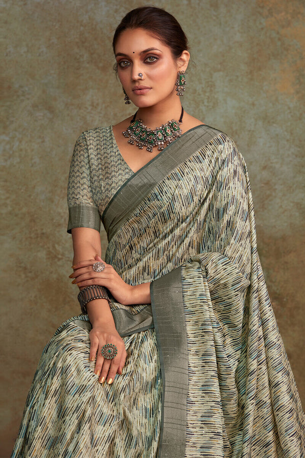 Heathered Grey Printed with Sequence Soft Silk Saree