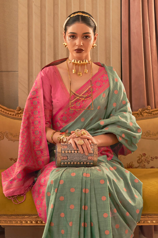 Hemlock Green and Pink Soft Banarasi Silk Saree