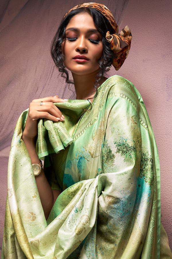 Iguana Green Printed Soft Silk Saree