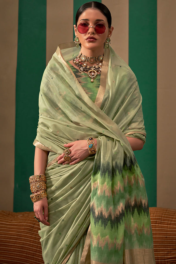 Iguana Green Woven Cotton Silk Saree