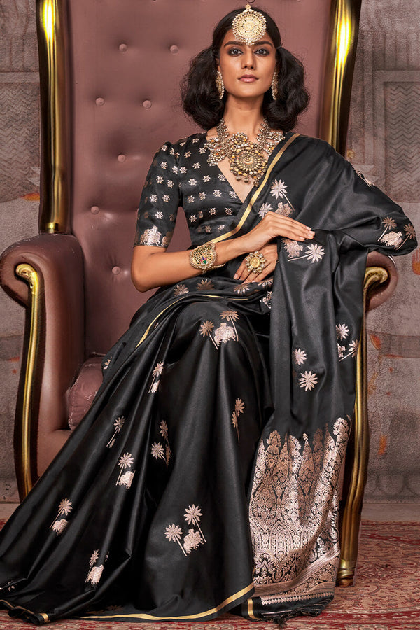 Jaguar Black Zari Woven Banarasi Satin Silk Saree