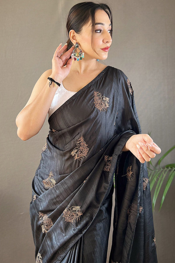 Jet Black Embroidered Work Soft Silk Saree