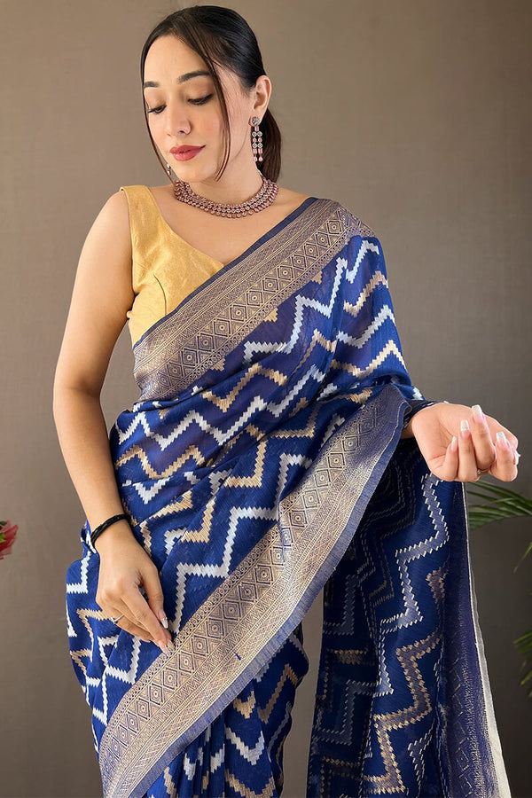 Lapis Blue Zari Woven Linen Cotton Silk Saree