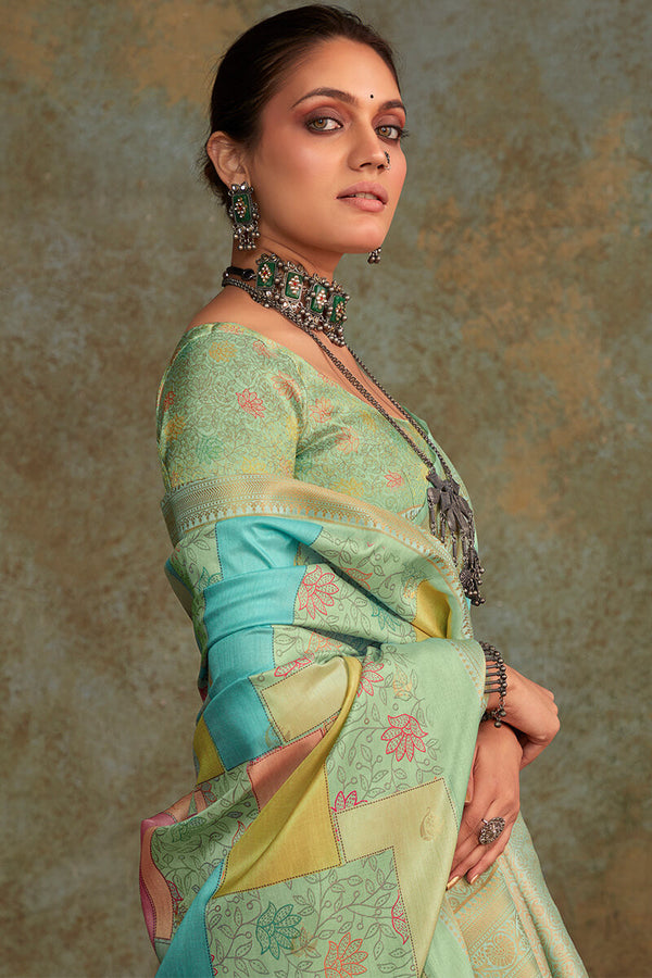 Lichen Green Printed Soft Silk Saree