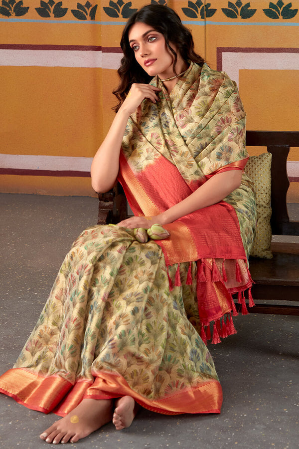 Light Goldenrod Yellow Zari Woven Printed Tissue Silk Saree